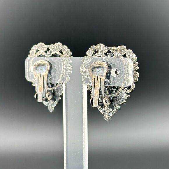Vintage Silver Filigree Painted Flowers Heart Clip-on Earrings Puffy 1 3/8 - Picture 9 of 13
